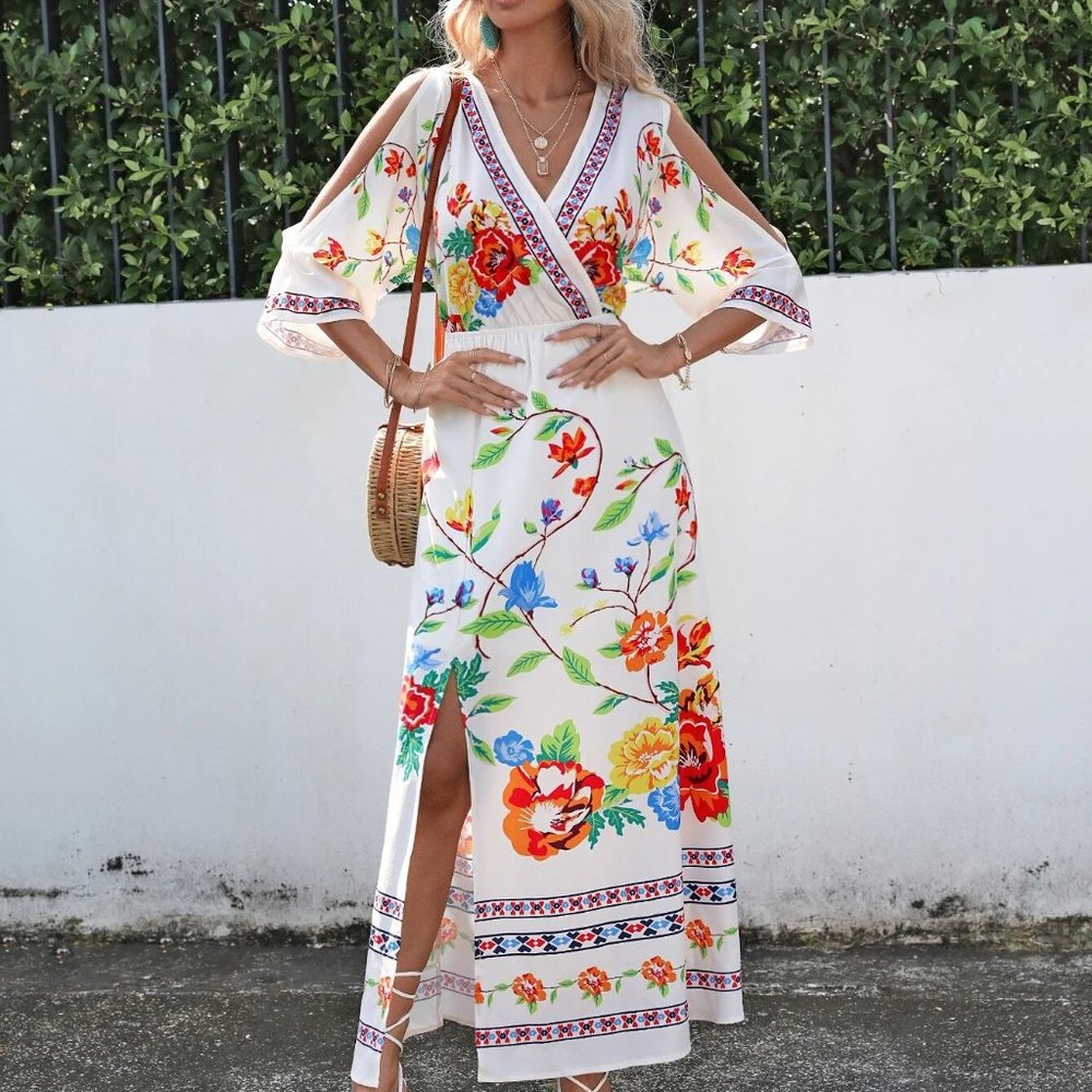 White Floral Print Cold Shoulder Maxi Dress - Picture 5 of 5